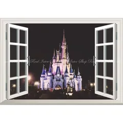 絵画風 壁紙ポスター (はがせるシール式) -窓の景色- ディズニーワールドの夜景 シンデレラ城 フロリダ 【窓仕様／トリックアート】 キャラクロ DNW-009MA2 (A2版 594mm×420mm) ＜日本製＞ ウォールステッカー お風呂ポスター
