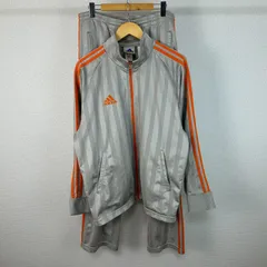 adidas アディダス 総柄 スリーストライプ トラックジャケット パンツ セットアップ グレー 灰色 オレンジ Lサイズ メンズ 古着
