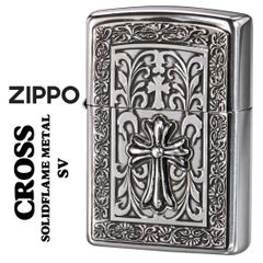 zippo(ジッポーライター) ソリッドフレームメタル SV クロス メタル貼り 銀イブシ SOLID-CRS-SV オイル ライター　シルバー しぶい アンティーク かっこいい おしゃれ メンズ レディース ギフト プレゼント