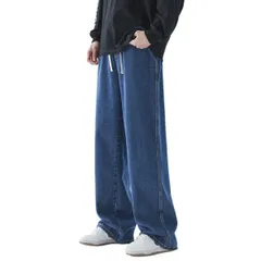 [Lopis] メンズ デニムパンツ お洒落 ジーンズ 無地 パンツ 調整紐 ロングパンツ ワイドパンツ ウエストゴム ズボン 履き心地 ゆったり (M, ブルー) [ブルー] [M]
