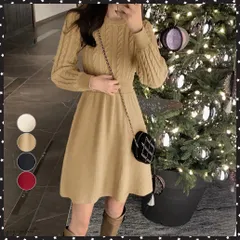 ケーブル編みニットミニワンピース 韓国風ウエストマーク Aラインワンピース 通勤通学 フレアワンピース シンプル ハイウエスト 長袖 膝上丈ワンピース 秋冬無地きれいめワンピース 体型カバー ニット 10代20代30代