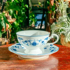 【紅茶越し そっと芽吹いた 新たな葉】𖣔 オリジナルティーカップ鉢・ソーサーセット 𖣔 ホワイト・ブルー・3号・小型【美品 セット売り デスク テーブル 卓上 観葉 多肉 植物 洋風 白 青 植木 鉢 プランター 磁器 昭和 レトロ アンティーク】