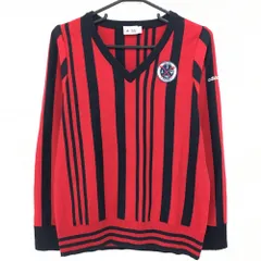 【美品】アディダス セーター レッド×ネイビー ストライプ Vネック ウール混 ニット レディース L/G ゴルフウェア adidas