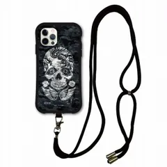 [iPhone12 Pro Max] iPhone16 Plus スマホケース i-coronケース スマホショルダー付 アイフォン 14 13 12 11 XR XS スマホケース 肩掛け 斜め掛け 耐衝撃 モノトーン ブラック スカル デザイン