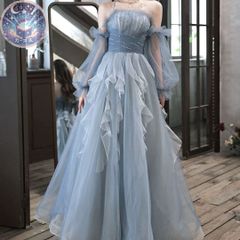 2wayドレス オフショルダー 袖付き カラードレス ライトブルー 水色