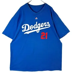 レア!！MajesticマジェスティックMLBロサンゼルス・ドジャースDodgers半袖Tシャツ野球ベースボールBASEBALLメジャーリーグ両面プリント#21 Darvishダルビッシュ有ナンバリング青ブルー白ホワイトvintageヴィンテージ50529