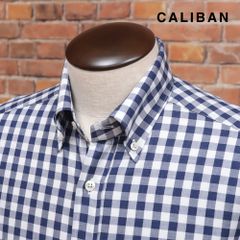 CALIBAN/38cm/ギンガムチェック柄シャツ なめらか綿100％ ボタンダウン レトロ クラシコ イタリア製 長袖 新品/紺×白/kc381/