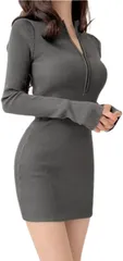 あすなろbox タイト ミニ ワンピース 長袖 薄手 美脚 セクシー レディース ハーフジップ シンプル ボディコン(グレー,  S)