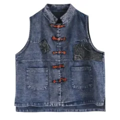 ☆ デニムブルー ☆ Mサイズ ☆ デニムベスト チャイナボタン アウター デニムベスト レディース チャイナ風 トップス デニム ベスト アウター 羽織りもの デニム生地トップス 重ね着 レイヤード 前開きベスト おしゃれ オシャレ ノースリーブ チョッキ