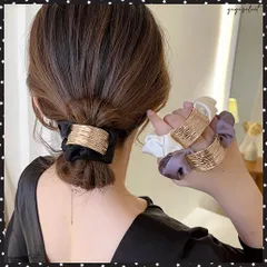 プレート付きシュシュ 大人っぽいヘアゴムまとめ髪 ヘアアクセサリー ポニーテールゴム オフィスカジュアル 韓国ファッション きれいめ お団子 ヘア グッズ 簡単ヘアゴム跡つかない シュシュ大人可愛い ハーフアップグッズ