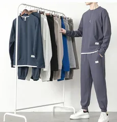 上下セット ワッフル メンズ セットアップ 長袖 トレーナー ロングパンツ  スウェットパンツ ウエストゴム ボトムス カジュアル おしゃれ かっこいい 重ね着風 通勤 通学 部屋着 運動着 ファッション 秋 xzjhbli#