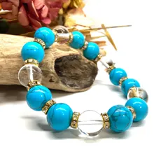 ターコイズ&水晶 パワーストーン ブレスレット 12mm （ゴールド）メンズ・レディース　男性・女性　数珠ブレス　開運  [1]