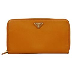 本物 プラダ PRADA レザー ラウンドファスナー 長財布 ロングウォレット オレンジ 財布 ウォレット 中古 【フォロー割】
