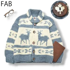 【本格】 ヴィンテージ カナダ製 ファブ FAB カウチン ニット セーター 鹿柄 ホワイト x ライトブルー メンズ 冬物 アウター トラッド クラシカル アメカジ