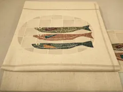 平和屋着物●九寸名古屋帯　紬地　魚　刺し子　正絹　逸品　AABB9134dt