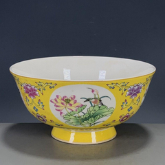 黄釉粉彩喜上眉梢碗 茶器 茶道具 中國茶器 現代工芸品 美術品 装飾品