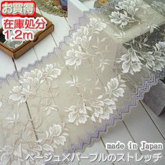 在庫処分17.5cm幅かわいいベージュ×パープルのラッセルストレッチレース(1.2ｍ)