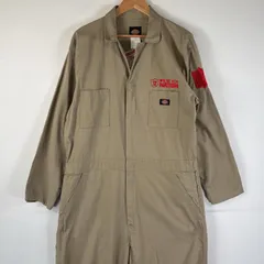 古着 ディッキーズ Dickies 長袖つなぎ オールインワン ワーク 作業着 大きいサイズ ビッグ刺繍 サイドポケット ワッペン XL  ベージュ メンズ