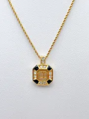ChristianDior/クリスチャンディオール　ロゴネックレス　スクエア　ロープチェーン　ゴールド/ブラック/ラインストーン　ヴィンテージ　ジュエリー　ワンポイント　FC-sgc004