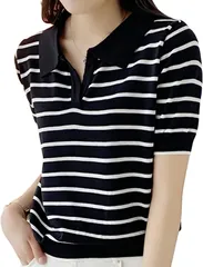 RICOLUS ポロシャツ ボーダー 半袖 レディース 襟付きシンプル カジュアル( ブラック,  L)