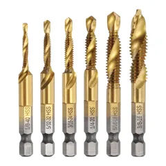 uxcell 6個組み合わせドリルタップビットセット1/8-40 BSWから3/8-16 BSWハイスピードスチール1/4ヘックスシャンクチタンコーティングねじ切りドリリングタッピングツールキットのサムネイル