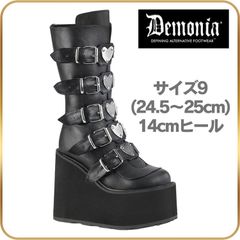 24.5 25 cm demonia デモニア 厚底 ブーツ ロングブーツ ミドルブーツ ウェッジソール 14cm ヒール 黒 ブラック 合皮 ホログラム ベルト ハート メタルプレート ジッパー 厚底靴 パンク ライブ 衣装 靴 レディース メンズ