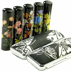 黒水牛印鑑 花蒔絵 15mm 実印 印鑑ケース モノトーン蝶 ケース付き 朱肉付き 旧字 特殊文字 作成 OK プレゼントやギフト 成人祝い 女性 男性 夫婦 結婚
