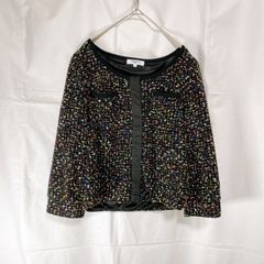 美品 NATURAL BEAUTY BASIC ナチュラルビューティベーシック レディース ジャケット L ノーカラー ツイード ブラック カラフル ラメ パイピング 七分袖 キレイめ フォーマル お仕事着
