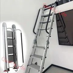 ロフト はしご、ロフト 階段、屋根裏 階段 滑り止め手すり付き折りたたみ式ロフトはしご、アルミ屋根裏はしごロフト階段 8-14 段、省スペース地下室/窓井戸脱出はしご シルバー 9 step-275cm