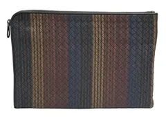 新品同様 ボッテガヴェネタ イントレチャート ストライプ ドキュメントケース セカンドバッグ クラッチ バッグ 書類かばん グレー マルチカラー レザー BOTTEGAVENET