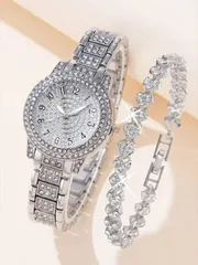 腕時計 レディース セット 2個 レディースファッションカジュアル ローマン数字ダイヤル フルダイヤモンド 英国風腕時計 ジュエリーアクセサリーセット ラインストーンブレスレットセット ウェディング 祝賀会 企業ギ