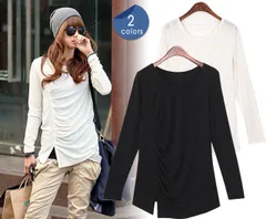 ロンT Tシャツ カットソー トップス レディース 長袖 クルーネック 丸首 きれいめ 秋 春 おしゃれ かわいい 1枚で決まる 韓国 カシュクール 無地 黒 白 ブラック ホワイト アイボリー