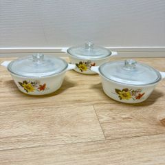 JAJ パイレックス PYREX 両手鍋 658 3点 セット まとめ イギリス製 花柄 ホワイト レトロ ビンテージ レア 希少 アンティーク 食器 AP-250702-012-MNL