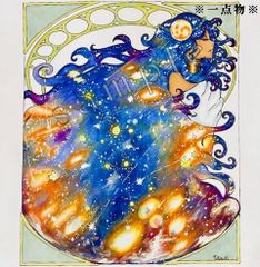【原画】【手描き】手描きイラスト　オリジナル　ミュシャ　少女　夏　宇宙　星空