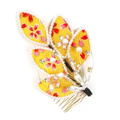 髪飾り コーム型 水引 ラインストーン パール 黄色 ゴールド 白 キラキラ リーフ 葉 ちりめん 和柄 小さい かんざし かわいい No.9-3412