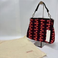 ★M4 MARNI マルニ ハンドバッグ キャンバス 裏地スウェット生地 がま口 総柄 パープル系 マルチカラー 持ち手レザー 保存袋付き レディース バッグ