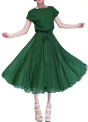 パール・シフォン ロング ドレス・グリーン・2XL（XXL)レディース ファッション ワンピース