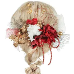 和風髪飾り 成人式 和装 髪飾り ダリア リボン 造花飾り 和玉 赤 ヘアアクセサリー ゴールド 水引 ヘッドパーツ あじさい リボン 振袖 着物 卒業式 七五三 浴衣 袴 結婚式 かすみ草 造花 手作り 専用ケース付き (red)