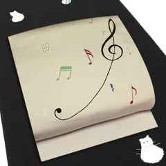 名古屋帯 絹菱 塩瀬 薄渋ベージュ 音符 音楽 正絹 本加工友禅 九寸 五泉 新品 未仕立て 上品 エレガント お洒落着 反物 京都名 No.7-0011
