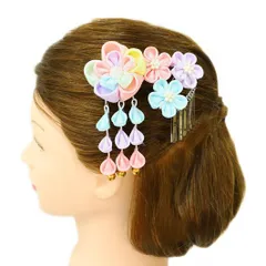 七五三 髪飾り 三歳 七歳 日本髪 つまみ細工 花 2点セット ピンク 水色 黄色 白 パステルカラー ちりめん 下がり 鈴 ビラ簪 パ No.12-0129