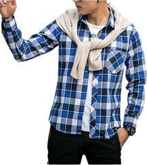 チェックシャツ メンズ カジュアル ネルシャツ ビジネス Yシャツ 長袖 チェック柄( ブルー,  XL)