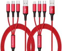 ライトニングケーブル 1.2M マルチUSBケーブル 3in1充電ケーブル 3A急速充電 iOS/Android/タイプC適用　同時充電  一本三役 　2本セット　カラー：レッド