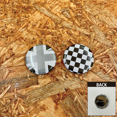2個セット モノクロユニオンジャック + チェッカーフラッグ スチールボディ 缶バッジ 32mm モッズマーク イギリス国旗 UK バッチ バッヂ ロッカーズ PUNK パンク べスパ トライアンフ