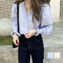 ボリュームスリーブフリルブラウス シャツ レディース オフィス カジュアル 10代 20代 30代 韓国ファッション Vネック 大人 春 秋服 夏服