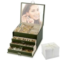 グリーン Exgox ジュエリーボックス 大容量 アクセサリーケース 4段式 PUレザー アクセサリー 収納 ジュエリーケース レディース 鏡付き 鍵付き アクセサリー イヤリング ネックレス 腕時計 アクセサリーケース 宝石箱 持ち運び 誕生日 母の日 結婚