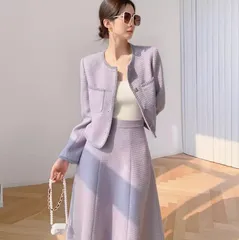 スカート ジャケット スーツ セットアップ 上着 ノーカラージャケット フレアスカート 膝下 長袖 ラウンドネック フレア フェミニン ハイウエスト ツイード かわいい 大人可愛い きれいめ 上品 おしゃれ レトロ エレガント モダン クラシカル カントリー 