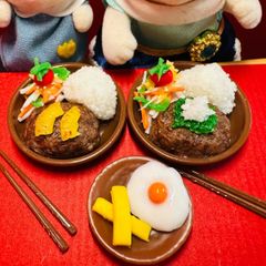 523 具材入れ替えハンバーグセット⭐️ミニチュアフード　ドールハウス　リカちゃん　シルバニア　樹脂粘土　ねんどろいど　バービー　オビツ　フィギュア　ミニチュア　フェイクフード