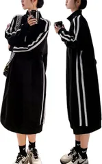 GRHONC ワンピース ジャージ レディース 長袖 ハイネック ハーフジップ 体型カバー カジュアル 春 秋(ブラック,  XL)