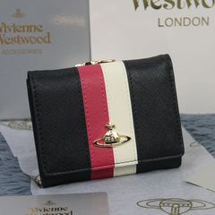 美品 未使用　Vivienne Westwood ヴィヴィアンウエストウッド ショートウォレット　　クロスパターン　牛革　財布  カード入れ　小銭入れ　気質 レディース　可愛いウォレット 折りたたみ財布　13153　ブラックストライプ三つ折り財布