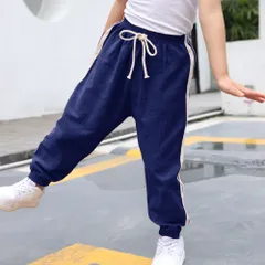 ☆ ネイビー ☆ 100cm ☆ キッズ薄手ロングパンツ ロングパンツ キッズ 薄手 パンツ 部屋着 ズボン 長ズボン ロング 子供用 子ども用 裾絞り ウエストゴム 2本ライン 着回し 男の子 女の子 子供 子ども こども 男女兼用 ユニセックス